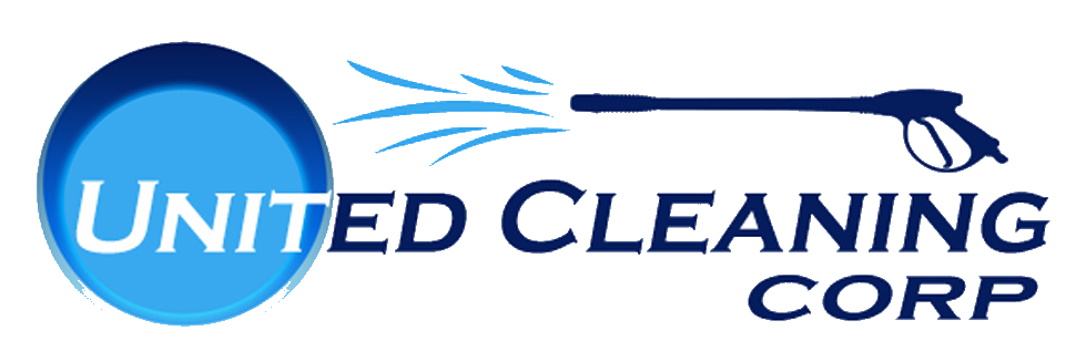 United Cleaning logo with a pressure washer on the right spraying at a blue circle on the left with the text 'United Cleaning Corp' spread across